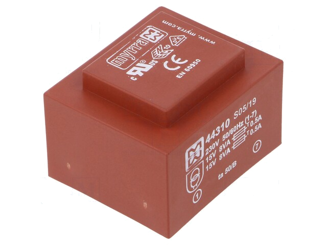 Transformator: ingegoten; 16VA; 230VAC; 15V; 15V; 533mA; 533mA; PCB Transformator: ingegoten; 16VA; 230VAC; 15V; 15V; 533mA; 533mA; PCB